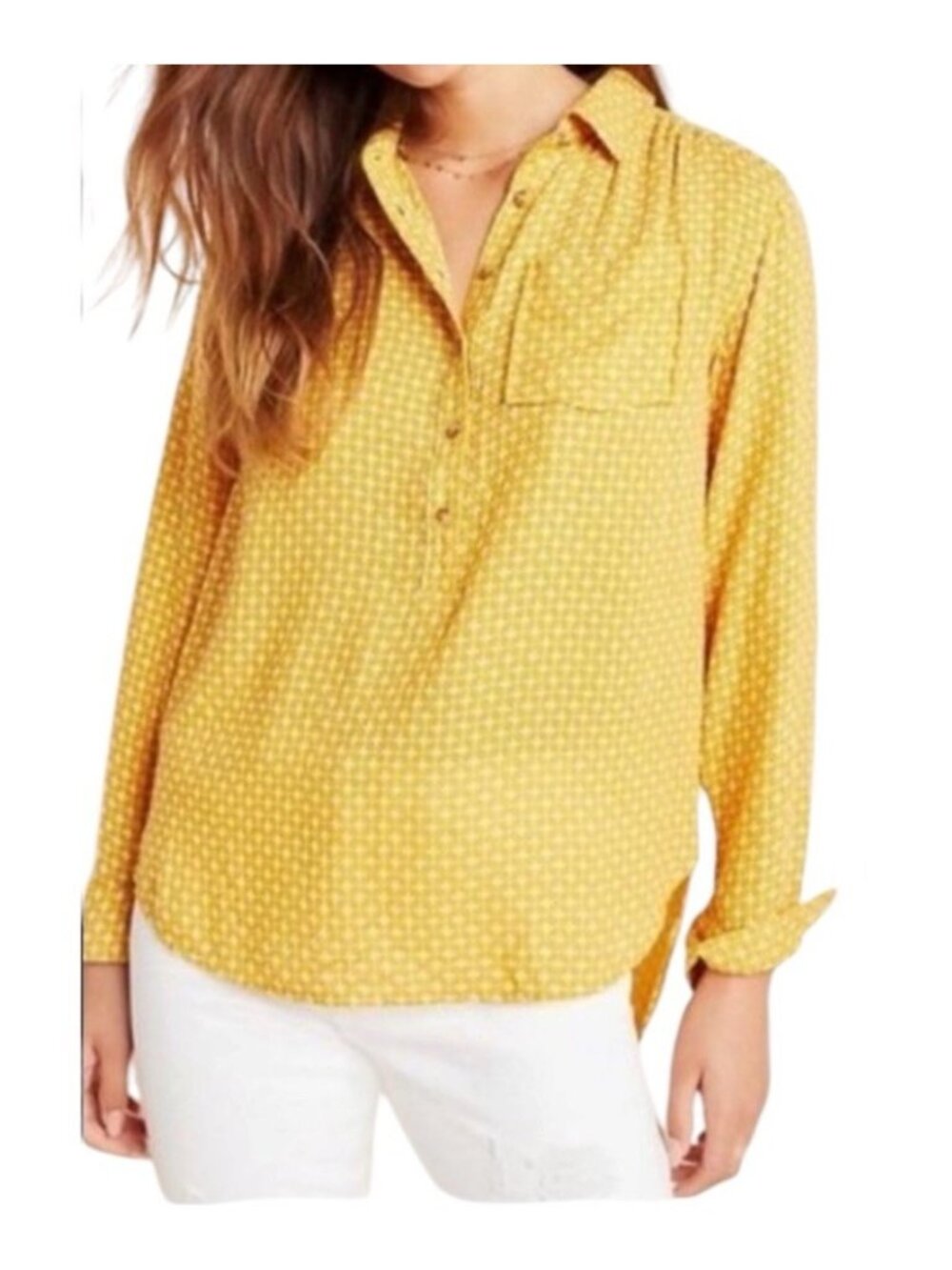 Anthropologie Yellow Isadora Tunic Embroidered Button Back Boho Chic Medium Top